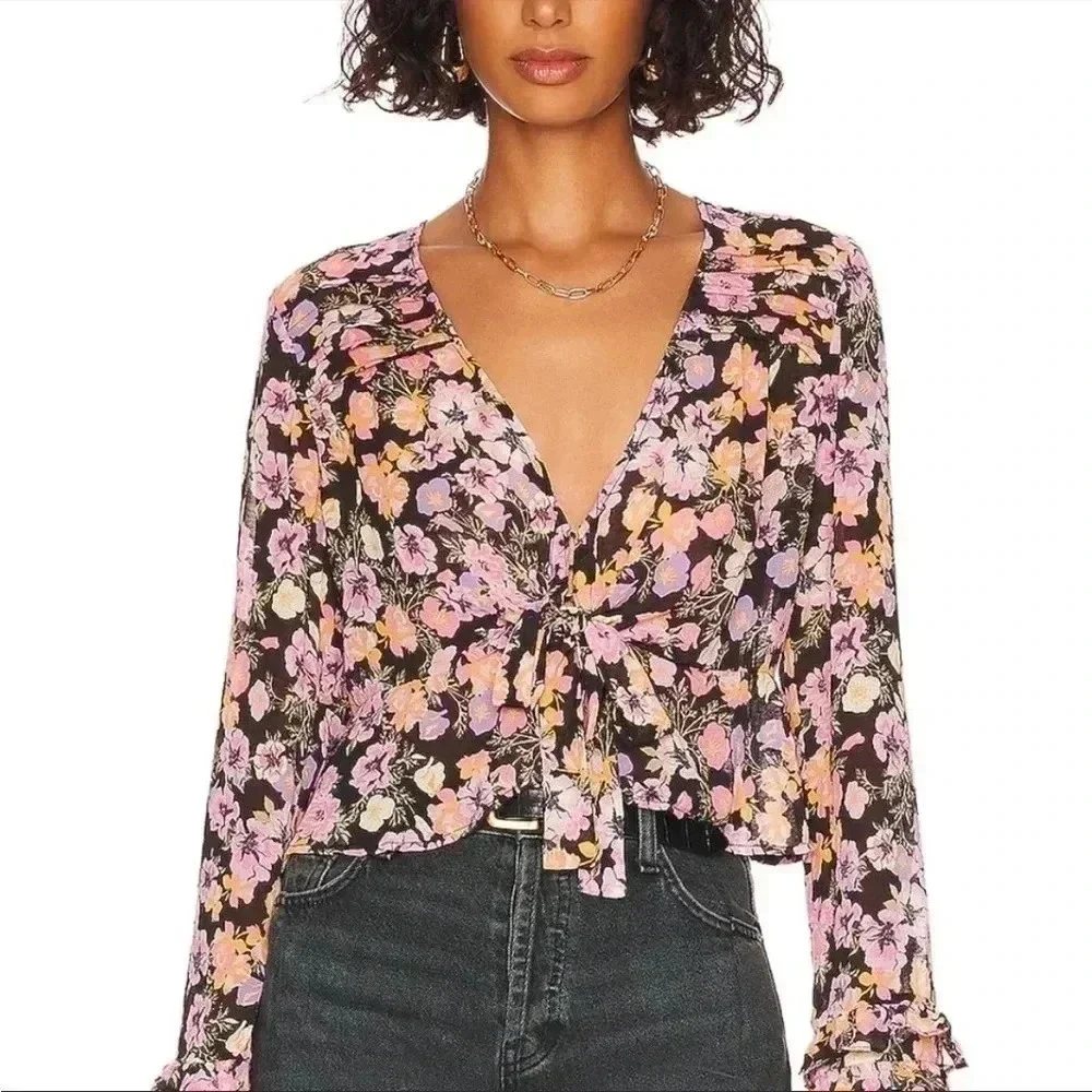 NWT Free People Maybel Blouse Top Black Combo Sz S